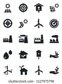 Set of vector isolated black icon - factory vector, bird house, target, sun panel, windmill, eco, water, palm sproute