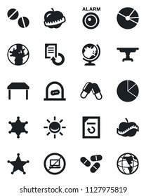 Set of vector isolated black icon - no laptop vector, ticket office, globe, document reload, pills, diet, earth, pie graph, table, police, alarm led