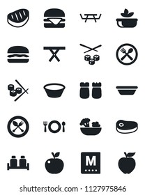 Set of vector isolated black icon - spoon and fork vector, picnic table, cafe, menu, salad, salt pepper, steak, hamburger, bowl, sushi, apple fruit