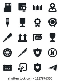 Set of vector isolated black icon - no mobile vector, pen, stamp, plant label, heart shield, navigation, fragile, up side sign, barcode, sd, cut, certificate, sale, paper plane