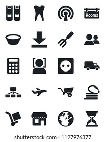 Set of vector isolated black icon - book vector, garden fork, wheelbarrow, hose, tooth, plane, car delivery, cargo, group, download, face id, calculator, rooms, bowl, socket, wireless, earth