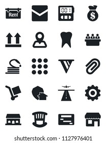 Set of vector isolated black icon - runway vector, gear, meeting, hose, tooth, navigation, cargo, up side sign, menu, stopwatch, mail, paper clip, rent, children room, cafe building, home protect