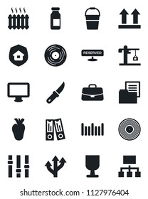 Set of vector isolated black icon - case vector, office binder, bucket, garden knife, ampoule, real heart, route, folder document, fragile, up side sign, barcode, vinyl, settings, monitor, heater