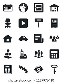 Set of vector isolated black icon - office chair vector, team, crisis graph, plant label, client, car delivery, term, warehouse, radio phone, play button, calculator, scanner, eye id, news, contract