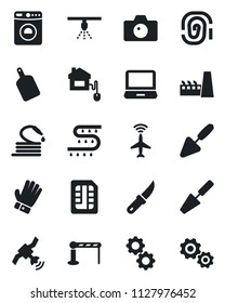 Set of vector isolated black icon - plane radar vector, barrier, washer, camera, trowel, glove, hose, garden knife, drip irrigation, satellite, laptop pc, sim, factory, cutting board, home control