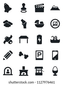 Set of vector isolated black icon - parking vector, no laptop, reception, stamp, clouds, pencil, well, joint, broken bone, satellite, clapboard, cell phone, bell, charge, pool, mountains, table