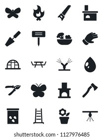 Set of vector isolated black icon - flower in pot vector, trowel, ladder, pruner, glove, saw, butterfly, fire, water drop, axe, plant label, fireplace, greenhouse, seeds, picnic table, salad