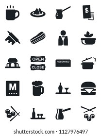 Set of vector isolated black icon - coffee vector, waiter, alcohol, serviette, menu, reserved, beer, bacon, cafe building, open close, restaurant receipt, hamburger, rolling pin, steaming pan