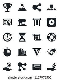 Set of vector isolated black icon - rec button vector, stopwatch, motivation, handshake, clock, pennon, investment, schedule, social media, hierarchy, crisis management, certificate, award cup, sand
