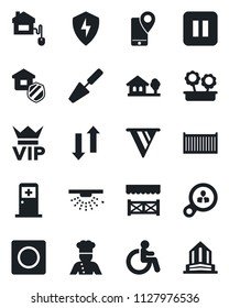 Set of vector isolated black icon - vip vector, disabled, medical room, trowel, mobile tracking, cargo container, pause button, protect, record, data exchange, house with tree, flower in pot, cook