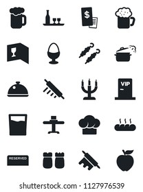 Set of vector isolated black icon - dish vector, alcohol, restaurant table, cook hat, wine card, reserved, drink, beer, egg stand, salt and pepper, bread, candle, vip zone, receipt, kebab