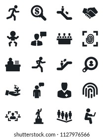 Set Of Vector Isolated Black Icon - Escalator Vector, Baby, Speaking Man, Pedestal, Team, Run, Doctor, Fingerprint Id, Hr, Manager Desk, Meeting, Client Search, Palm Sproute, Handshake, Money