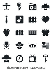 Set of vector isolated black icon - cafe vector, office chair, desk, fence, butterfly, real heart, cargo container, tulip, radio, music, tie, tv, restaurant table, dress code, clock