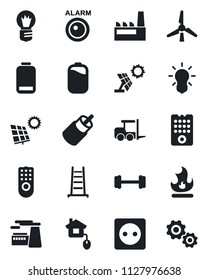 Set of vector isolated black icon - fork loader vector, bulb, factory, ladder, fire, barbell, low battery, rca, sun panel, windmill, home control, socket, remote, alarm led, gear