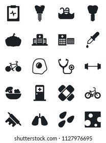 Set of vector isolated black icon - medical room vector, pumpkin, seeds, stethoscope, dropper, patch, barbell, bike, lungs, implant, pulse clipboard, hospital, pool, salad, rolling pin, omelette