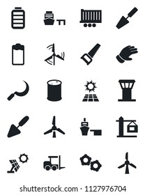 Set of vector isolated black icon - airport tower vector, fork loader, gear, trowel, glove, saw, sickle, truck trailer, sea port, oil barrel, battery, windmill, crane, sun panel