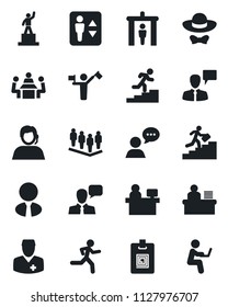 Set of vector isolated black icon - dispatcher vector, security gate, elevator, speaking man, pedestal, team, manager place, run, doctor, support, speaker, identity card, desk, meeting, estate agent