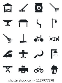 Set of vector isolated black icon - cafe vector, ladder car, rake, sickle, garden light, picnic table, fertilizer, bike, restaurant, alcove, outdoor lamp
