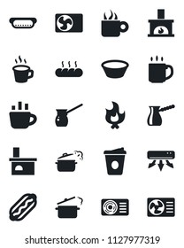 Set of vector isolated black icon - coffee vector, fire, fireplace, air conditioner, bread, hot dog, bowl, steaming pan, turkish