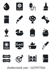 Set of vector isolated black icon - passport vector, luggage storage, pennant, statistic monitor, water drop, dropper, broken bone, low battery, themes, music, copier, fruit tree, salad, open close