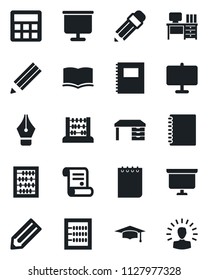 Set of vector isolated black icon - book vector, graduate, abacus, desk, notepad, presentation board, pencil, contract, calculator, copybook, ink pen, shining head