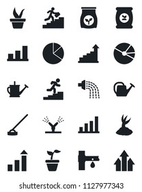 Set of vector isolated black icon - growth statistic vector, seedling, watering can, sproute, hoe, fertilizer, drip irrigation, bar graph, pie, career ladder, arrow up