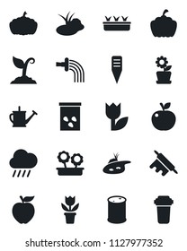 Set of vector isolated black icon - flower in pot vector, watering can, sproute, seedling, rain, plant label, pumpkin, seeds, pond, tulip, oil barrel, rolling pin, apple fruit, water filter