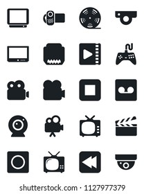 Set of vector isolated black icon - clapboard vector, reel, tv, gamepad, video camera, stop button, rewind, hdmi, record, web, surveillance