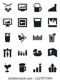 Set of vector isolated black icon - security gate vector, growth statistic, barcode, equalizer, scanner, monitor statistics, wine card, drink, cocktail, phyto bar, beer, salad, sushi, arrow up graph
