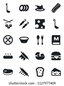 Set of vector isolated black icon - spoon and fork vector, cafe, menu, salad, plates, bacon, bread, chicken, steak, kebab, hamburger, ladle, bowl, rolling pin, sushi, cheese