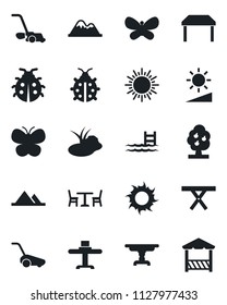 Set of vector isolated black icon - cafe vector, sun, lawn mower, butterfly, lady bug, pond, picnic table, brightness, pool, fruit tree, mountains, restaurant, alcove