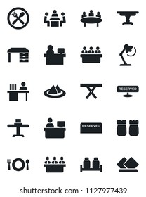Set of vector isolated black icon - desk vector, meeting, manager place, picnic table, lamp, restaurant, cafe, reserved, salt and pepper