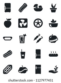 Set of vector isolated black icon - seedling vector, diet, fridge, phyto bar, salad, bacon, bread, kebab, hot dog, apple fruit, fan, palm sproute