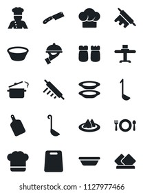 Set of vector isolated black icon - cook vector, restaurant table, serviette, cafe, hat, plates, waiter, salt and pepper, ladle, bowl, rolling pin, cutting board, knife, steaming pan