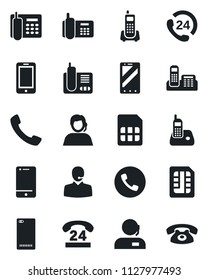 Set of vector isolated black icon - phone vector, mobile, office, 24 hours, support, cell, radio, back, call, sim