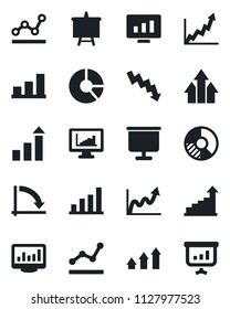 Set of vector isolated black icon - growth statistic vector, presentation board, crisis graph, monitor, circle chart, statistics, bar, point, arrow up