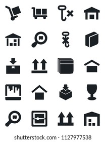 Set of vector isolated black icon - fragile vector, cargo, warehouse storage, up side sign, no hook, package, search, scanner, blank box