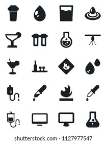 Set of vector isolated black icon - water drop vector, dropper, flammable, monitor, alcohol, drink, cocktail, filter, sprinkler, flask