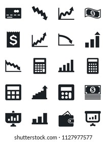 Set of vector isolated black icon - credit card vector, growth statistic, crisis graph, receipt, calculator, bar, wallet, cash, presentation