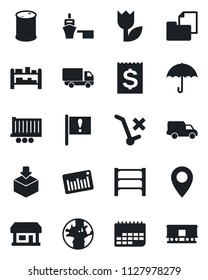 Set of vector isolated black icon - earth vector, pin, important flag, store, truck trailer, car delivery, term, receipt, sea port, folder document, umbrella, no trolley, tulip, package, oil barrel