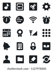 Set of vector isolated black icon - menu vector, settings, user, alarm, bell, record, scanner, sim, network, folder, calendar, notes, wireless, cut, lock, music, cellular signal, sertificate, update