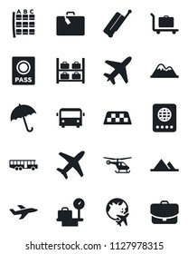 Set of vector isolated black icon - plane vector, taxi, suitcase, baggage trolley, airport bus, umbrella, passport, helicopter, seat map, luggage storage, scales, globe, mountains, case