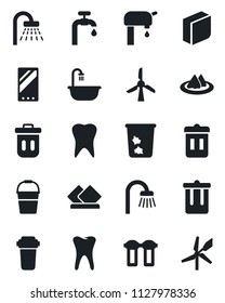 Set of vector isolated black icon - trash bin vector, shower, bucket, tooth, mobile, blank box, water supply, bathroom, serviette, filter, windmill