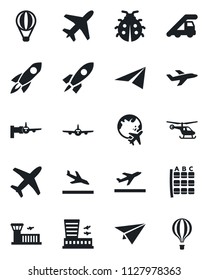 Set of vector isolated black icon - plane vector, departure, arrival, ladder car, boarding, helicopter, seat map, globe, airport building, lady bug, rocket, paper, air balloon