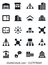 Set of vector isolated black icon - hierarchy vector, well, molecule, hospital, office building, garage, plan, home message