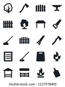 Set of vector isolated black icon - fence vector, tree, saw, fire, hoe, axe, abacus, table, alcove, cutting board