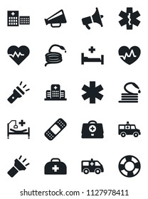 Set of vector isolated black icon - hose vector, heart pulse, doctor case, patch, ambulance star, car, hospital bed, loudspeaker, torch, crisis management