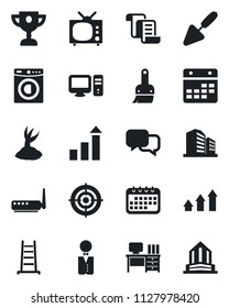 Set of vector isolated black icon - contract vector, growth statistic, desk, trowel, ladder, sproute, dialog, themes, calendar, target, washer, tv, waiter, router, pc, arrow up graph, award cup