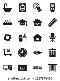 Set of vector isolated black icon - airport bus vector, trash bin, graduate, sun, eye, clock, no trolley, touch screen, office chair, manager desk, house, rent, bathroom, washer, bacon, bread, eco