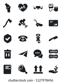 Set of vector isolated black icon - lawn mower vector, axe, heart pulse, blood pressure, joint, up side sign, no hook, shield, satellite, dialog, mail, phone, cafe table, open close, ham, knife